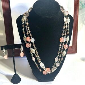 Y2K Avon Feminine Layered Necklace & Earrings Set Rose Pink Flower Shaped Beads
